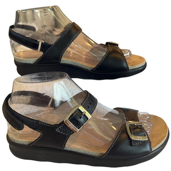 SAS Tripad Comfort Sandals 7.5 M Black Leather Arch Support Double Straps EUC - Picture 2 of 7